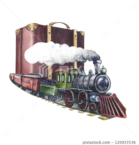 Traveling by train. A retro steam locomotive and a suitcase. Watercolor illustration, handmade in vintage style. For banners, flyers, posters. For prints, stickers, postcards and tickets. Traveling by train. A retro steam locomotive and a suitcase. Watercolor illustration, handmade in vintage style. For banners, flyers, posters. For prints, stickers, postcards and tickets. 120933536