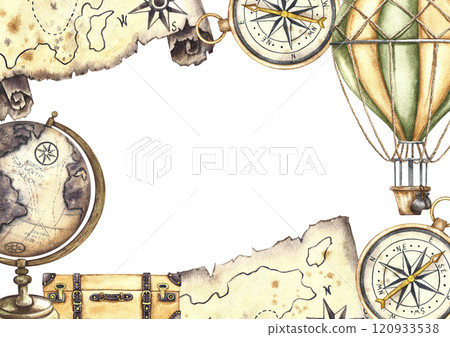 Vintage frame. Traveling by hot air balloon. A balloon with a basket and an ancient map of treasure island, a globe and a compass. A hand-drawn watercolor illustration. For banners, posters, postcards Vintage frame. Traveling by hot air balloon. A balloon with a basket and an ancient map of treasure island, a globe and a compass. A hand-drawn watercolor illustration. For banners, posters, postcards 120933538