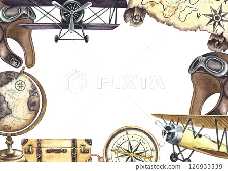 A frame with an image of vintage retro airplanes, a pilot's helmet, a compass and a globe. A watercolor illustration made by hand. Vintage traveler's postcard. For banners, flyers, poster and postcard 120933539