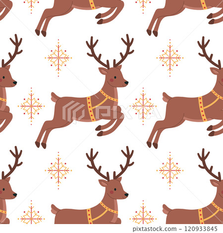 Seamless pattern with jumping reindeer in harness and snowflakes on white background. Winter holiday print. Christmas and New Year. Vector flat illustration for wallpaper, textile, packaging 120933845