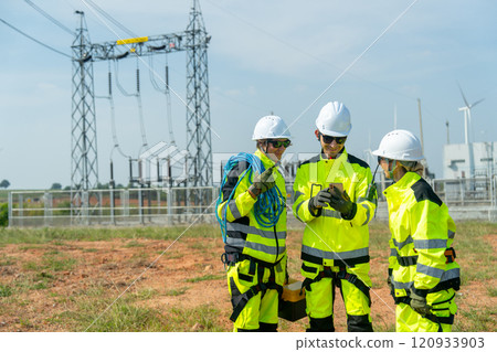 Wind turbine or windmill workers or engineer stay in front of small electricity or power plant and discuss with mobile phone and wind turbine as background. 120933903