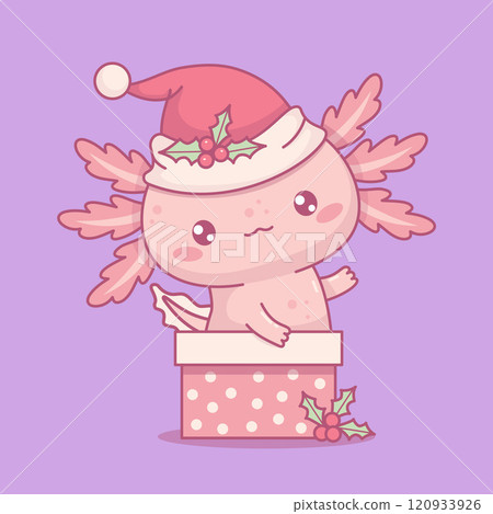 Cute Christmas Axolotl. Little cartoon pink kawaii character wearing Santa hat in gift box. Vector illustration. New Year funny postcard. Kids collection 120933926