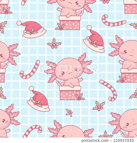 Christmas Seamless pattern with cute Axolotl Santa in gift box on blue checkered background. New Year Funny Little pink cartoon kawaii character backdrop. Vector illustration. Kids collection. 120933930