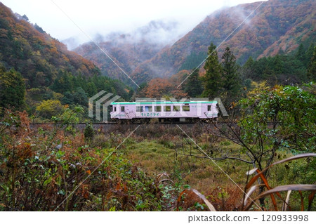 Tarumi Railway under a drizzling sky and autumn leaves Tarumi Railway under a drizzling sky and autumn leaves 120933998