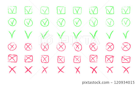 Set of chalk ticks and crosses , circle and square. Tick symbol means agree, vote, confirm. Tick and X symbols hand drawn in red and green pencil. Vector illustration. 120934015