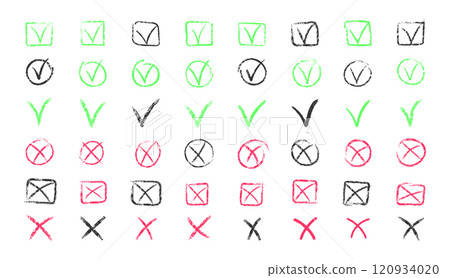 Set of chalk ticks and crosses , circle and square. Tick symbol means agree, vote, confirm. Tick and X symbols hand drawn in red and green and black pencil. Vector illustration. Set of chalk ticks and crosses , circle and square. Tick symbol means agree, vote, confirm. Tick and X symbols hand drawn in red and green and black pencil. Vector illustration. 120934020