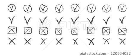 Set of chalk ticks and crosses , circle and square. Tick symbol means agree, vote, confirm. Tick and X symbols hand drawn with charcoal black pencil. Vector illustration. 120934022