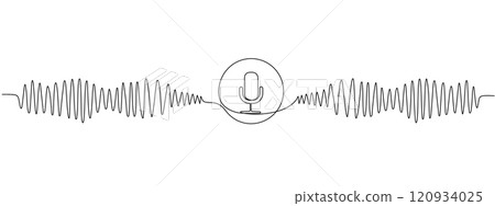 One continuous editable linear music player soundbar template with microphone button. Sound wave, podcast in line art style. Vector illustration One continuous editable linear music player soundbar template with microphone button. Sound wave, podcast in line art style. Vector illustration 120934025