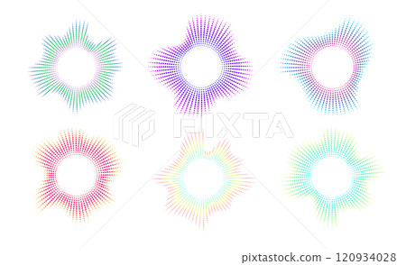 A set of equalisers with neon dots. Sound multicoloured waves. Music symbol, circular sound waves, digital communication. Vector radial spectrum. 120934028