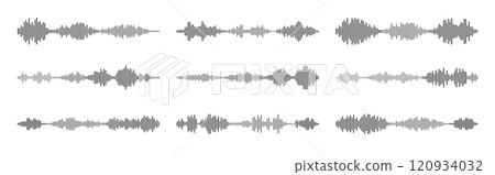 Sound waves of voice audio message recordings, . Podcast sound wave for online audio broadcasting. set of music symbols, for music player and voice audio messages. Vector illustration Sound waves of voice audio message recordings, . Podcast sound wave for online audio broadcasting. set of music symbols, for music player and voice audio messages. Vector illustration 120934032
