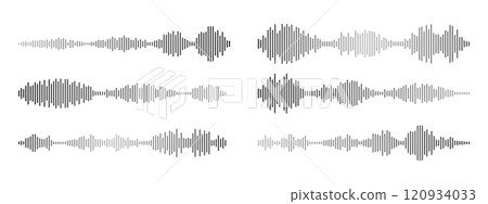 Sound waves of voice audio message recordings, . Podcast sound wave for online audio broadcasting. Vector set of music symbols, for music player and voice messages Sound waves of voice audio message recordings, . Podcast sound wave for online audio broadcasting. Vector set of music symbols, for music player and voice messages 120934033