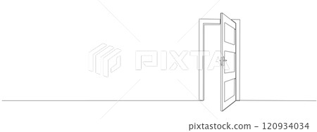 Open door with one continuous line . Single line editable drawing of office entrance. Vector illustration 120934034