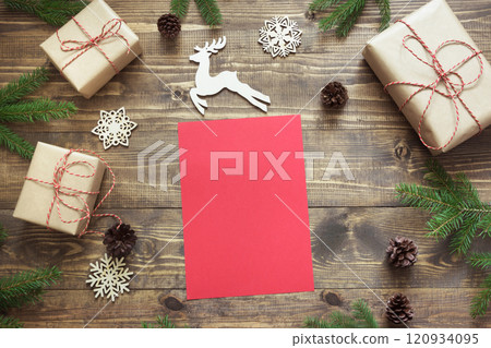 Christmas composition with red cup and empty red blank letter for Santa. Xmas. 120934095