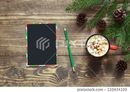 Christmas composition with red cup and empty red blank letter for Santa. Xmas. 120934109