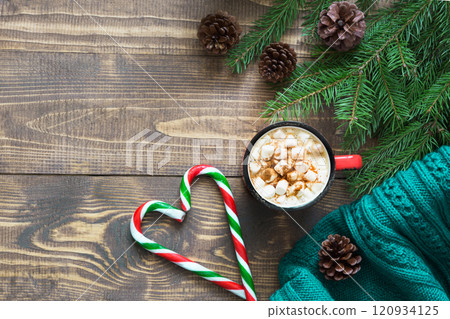 Christmas hot chocolate or cocoa with marshmallows. Xmas Holiday card. 120934125