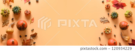 Autumn banner of fall pumpkins, colorful leaves. Autumn banner of fall pumpkins, colorful leaves. 120934229