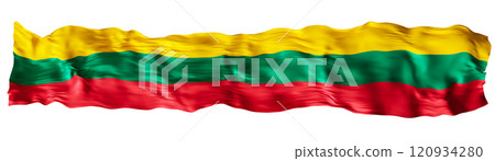 Stylized flag of Lithuania waving in the wind, isolated on white background. Footer, header or divider. Cut out wide, panoramic element. Banner for patriotic themes or national event promotions. 3D. 120934280