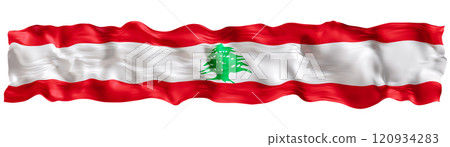 Stylized flag of Lebanon waving in the wind, isolated on white background. Footer, header or divider. Cut out wide, panoramic element. Banner for patriotic themes or national event promotions. 3D. Stylized flag of Lebanon waving in the wind, isolated on white background. Footer, header or divider. Cut out wide, panoramic element. Banner for patriotic themes or national event promotions. 3D. 120934283