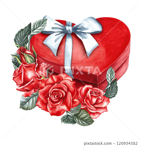 A red heart-shaped gift box with a white bow decorated with roses. A hand-drawn watercolor illustration. For Valentine's day, wedding, birthday. For packaging, flyer, poster and banner, postcard. 120934382