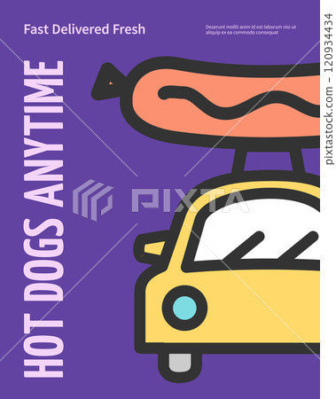 Hot Dogs Anytime Fast Food Delivery Concept Vertical Placard Poster Banner Card Template. Vector Hot Dogs Anytime Fast Food Delivery Concept Vertical Placard Poster Banner Card Template. Vector 120934434