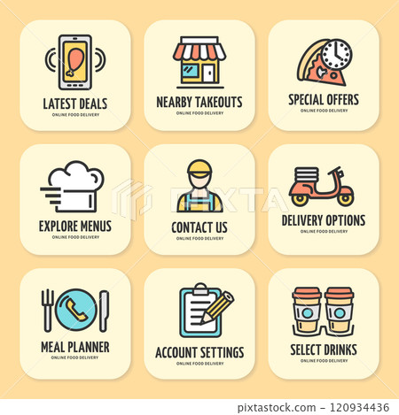 Food Order Concept Sign Color Thin Line Icon Labels Set. Vector Food Order Concept Sign Color Thin Line Icon Labels Set. Vector 120934436