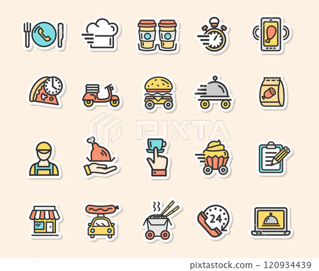 Food Delivery Service Concept Sticker Color Thin Line Icon Set. Vector 120934439