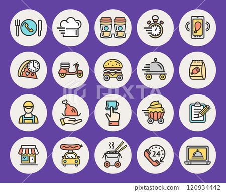 Food Delivery Sign Color Circles Thin Line Icon Set. Vector 120934442
