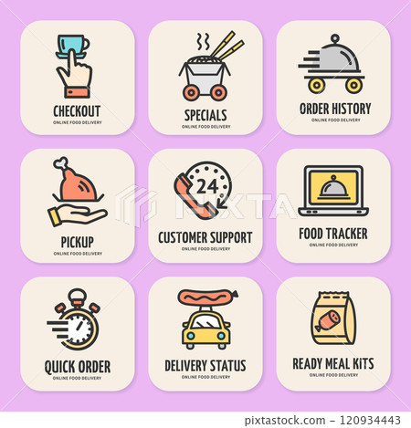Food Delivery Concept Sign Color Thin Line Icon Labels Set. Vector Food Delivery Concept Sign Color Thin Line Icon Labels Set. Vector 120934443