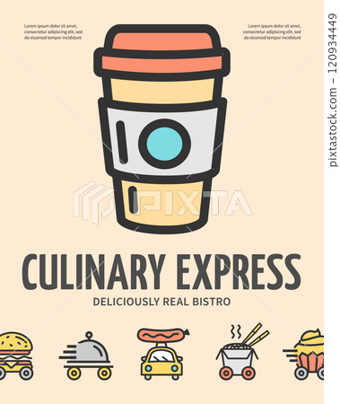 Culinary Express Food Delivery Concept Vertical Placard Poster Banner Card Template. Vector Culinary Express Food Delivery Concept Vertical Placard Poster Banner Card Template. Vector 120934449