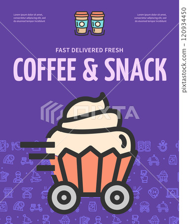 Coffee and Snack Food Delivery Concept Vertical Placard Poster Banner Card Template. Vector Coffee and Snack Food Delivery Concept Vertical Placard Poster Banner Card Template. Vector 120934450