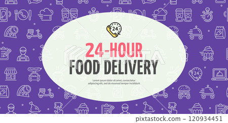 24 Hours Food Delivery Concept Horizontal Placard Poster Banner Card Template Around the Clock Service. Vector 120934451