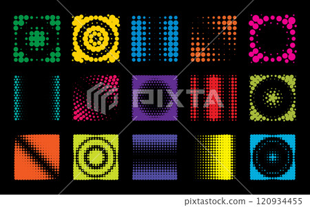 Vibrant halftone patterns in various colors are arranged in a grid. vector halftone shapes Vibrant halftone patterns in various colors are arranged in a grid. vector halftone shapes 120934455