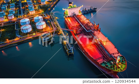 Large cargo ship docked next to an industrial oil and gas tank storage complex. Aerial view. Industrial oil and gas storage complex by the sea. 120934544