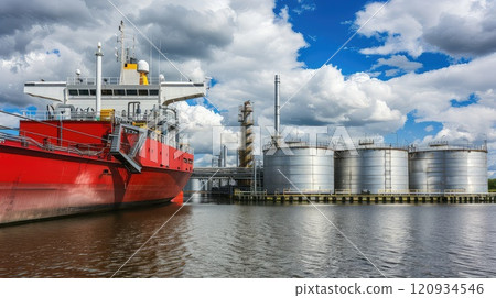 A large red cargo ship docked next to an industrial oil and gas tank storage complex. Red cargo ship docked near oil and gas tanks. 120934546