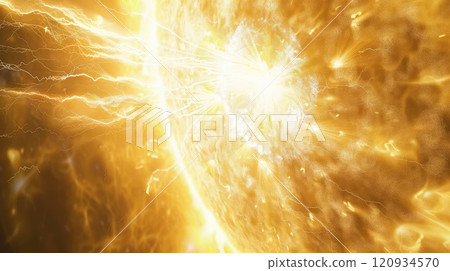 A powerful flare on the sun surface. Plasma release. Electromagnetic attack. Intense solar flare illuminates the sky. 120934570