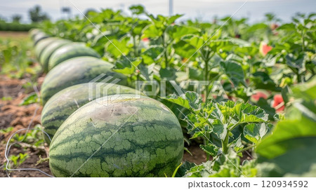 Watermelon field. A farmer's paradise: Witness the hard work and dedication of farmers as they tend to the thriving watermelon plants in the field. 120934592