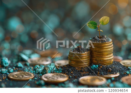 Coins and young sprout - your growing income. A powerful metaphor for growing income, as a delicate sprout reaches for the sky amidst a backdrop of coins. 120934654