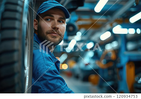 Man repairing a car in auto repair shop. Serious young Caucasian man standing in his car repair workshop. 120934753