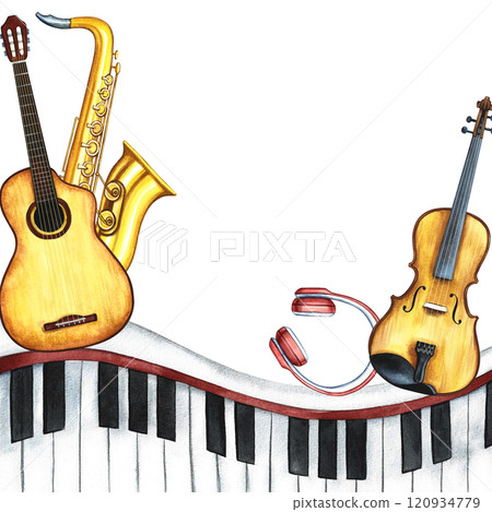 The border frame is musical with an image of a guitar, saxophone and violin, as well as piano keys. The illustration is made by hand in watercolor. For posters, flyers, invitation cards and packaging. 120934779