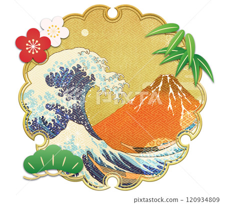 Background material with gold snowflake lines: big waves and Mt. Fuji 120934809