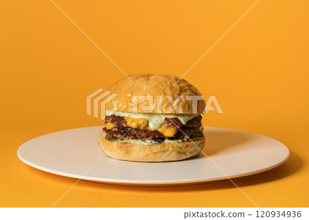 Delicious cheeseburger, double cheeseburger with homemade sauce on white plate on yellow background  120934936