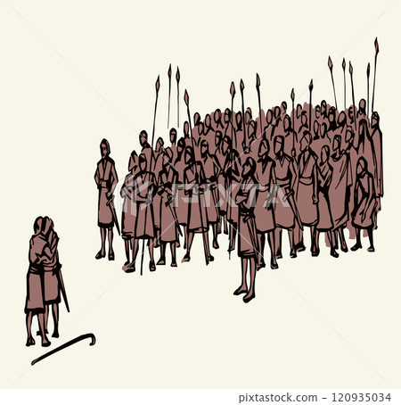 Vector drawing. Meeting of two tribes Vector drawing. Meeting of two tribes 120935034