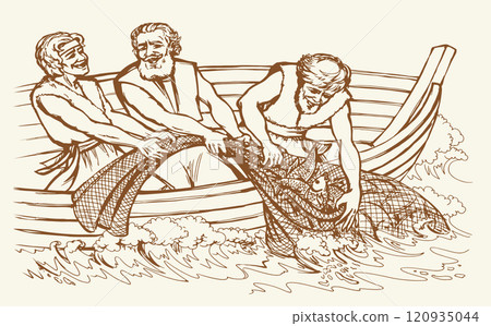 Vector drawing. Three men in the boat Vector drawing. Three men in the boat 120935044