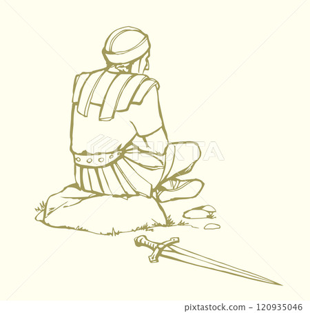 Vector drawing. Old roman Soldier resting on the stone 120935046
