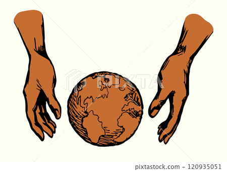 God's hand creates earth. Vector drawing 120935051
