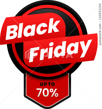 Round black friday sale badge featuring vibrant red ribbons, highlighting discounts of up to seventy percent. Ideal for promoting seasonal sales and attracting shoppers during the holiday rush Round black friday sale badge featuring vibrant red ribbons, highlighting discounts of up to seventy percent. Ideal for promoting seasonal sales and attracting shoppers during the holiday rush 120935204