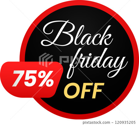 Black friday promotion featuring a striking seventy five percent discount displayed in bold red and black colors on a circular sticker, capturing attention for savvy shoppers Black friday promotion featuring a striking seventy five percent discount displayed in bold red and black colors on a circular sticker, capturing attention for savvy shoppers 120935205
