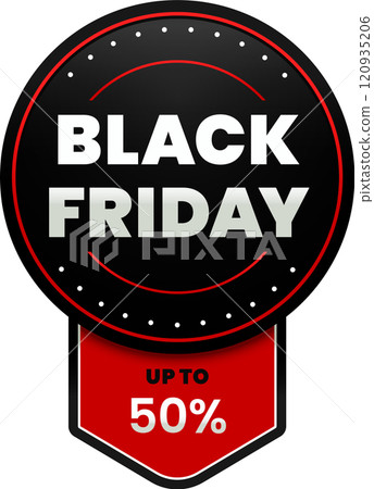Black friday round badge featuring a vibrant red ribbon, advertising a 50 percent discount, ideal for promoting exciting deals and sales throughout the shopping event Black friday round badge featuring a vibrant red ribbon, advertising a 50 percent discount, ideal for promoting exciting deals and sales throughout the shopping event 120935206