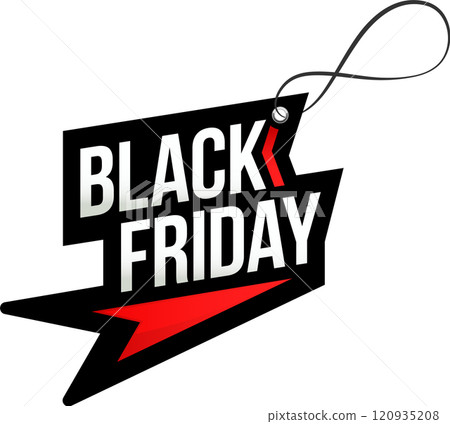 Black friday label featuring striking red details, hanging from a black string, capturing the essence of seasonal shopping sales and enticing consumers with unbeatable discounts Black friday label featuring striking red details, hanging from a black string, capturing the essence of seasonal shopping sales and enticing consumers with unbeatable discounts 120935208