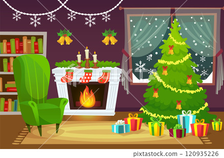 Cozy christmas interior living room scene featuring a decorated christmas tree, fireplace with stockings, gifts, armchair, bookshelf and a snowy window view, creating a warm and festive atmosphere 120935226